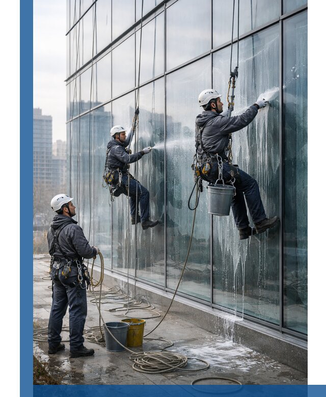 Промышленная мойка панорамных окон на высоте в Симферополе