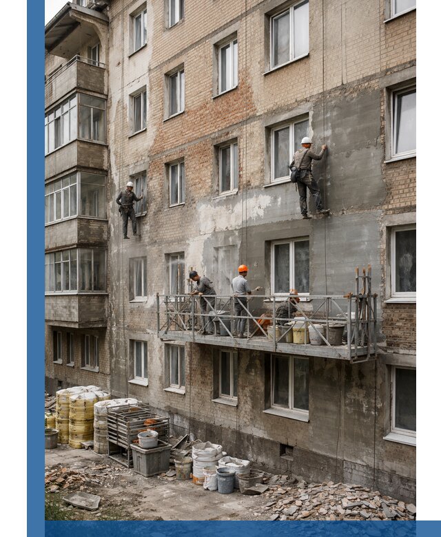 Капитальный ремонт фасада в Симферополе с восстановлением и гидроизоляцией