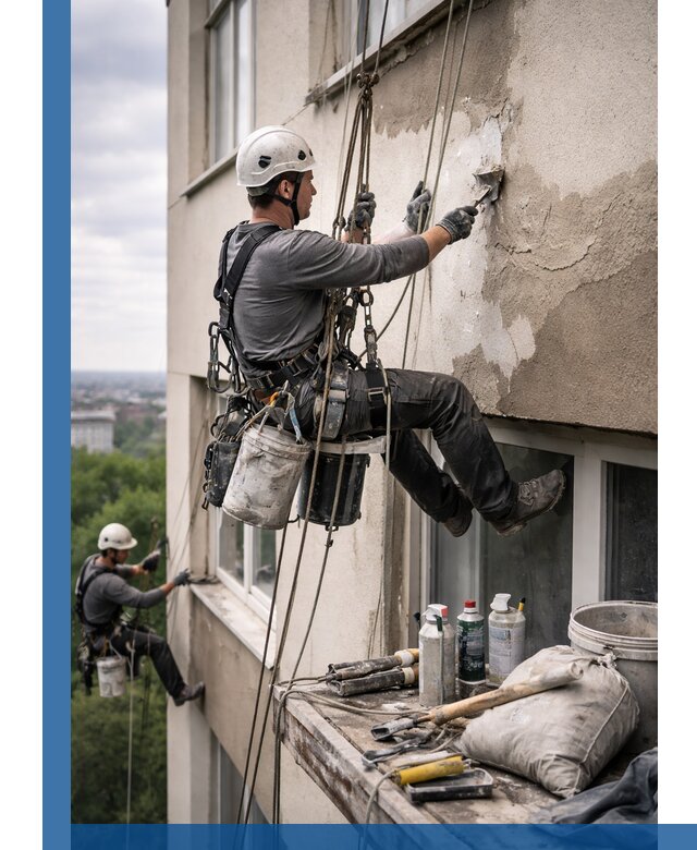 Косметический ремонт фасада зданий в Симферополе промышленными альпинистами