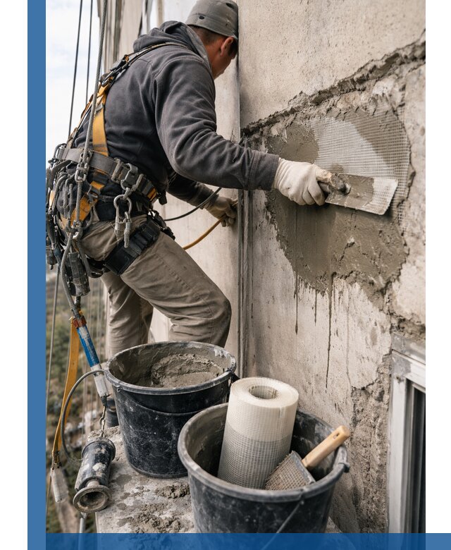 Ремонт бетонных элементов фасада промышленными альпинистами в Симферополе