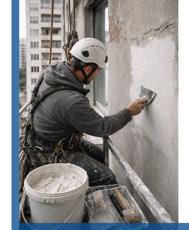 Шпаклевка фасадов на высоте с промальпинистами в Симферополе