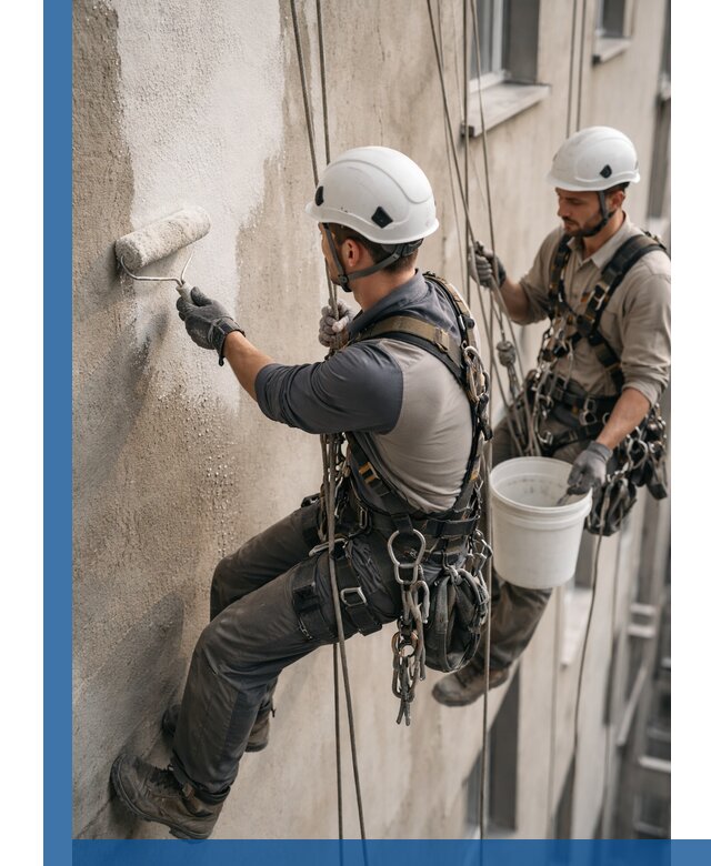 Грунтовка фасада на высоте в Симферополе промышленными альпинистами