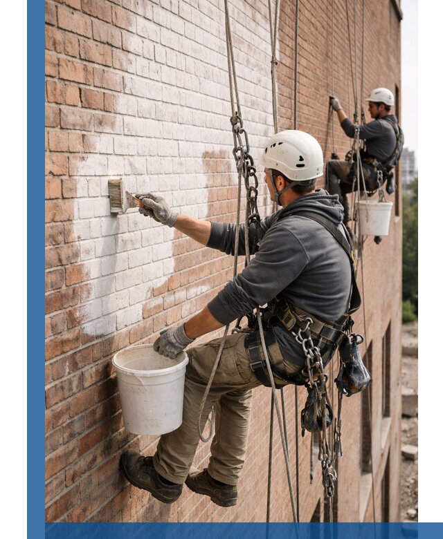 Покраска кирпичного фасада с доступным альпинистским сервисом в Симферополе