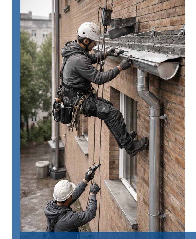 Монтаж водосточной системы на здании в Симферополе под ключ