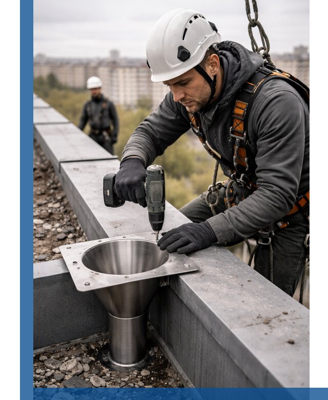 Монтаж водосточных воронок в Симферополе для промышленных зданий