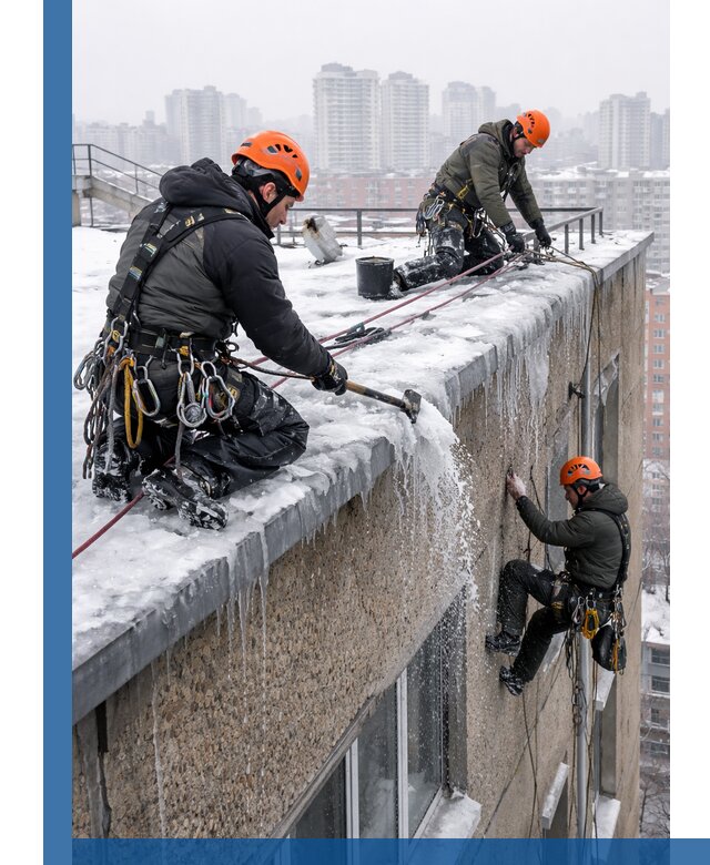 Удаление наледи с кровли в Симферополе промышленными альпинистами