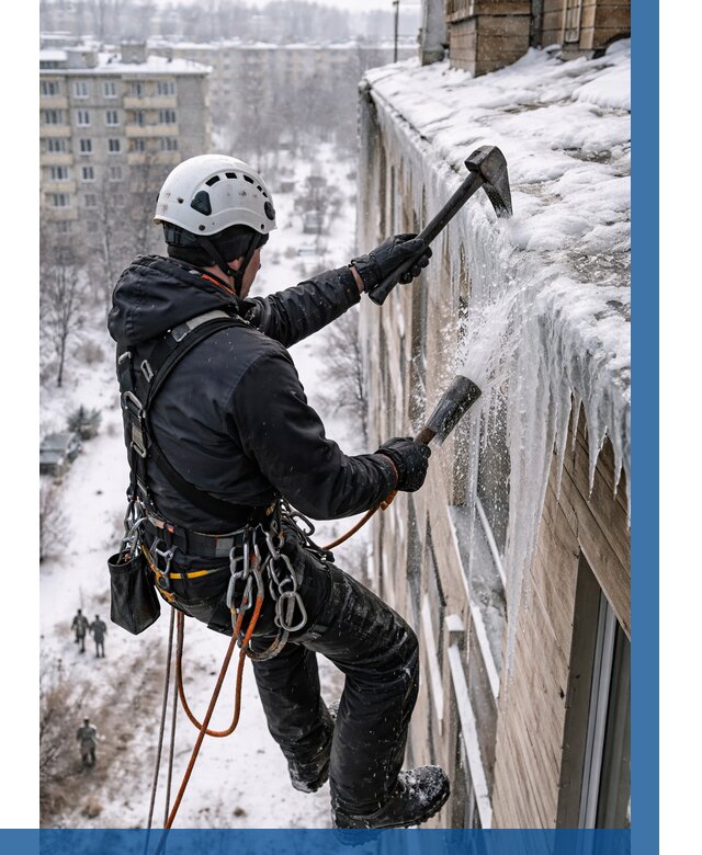 Сбивание сосулек с крыши в Симферополе по цене от 4674 р. | ВЫСОТНИК-Сим