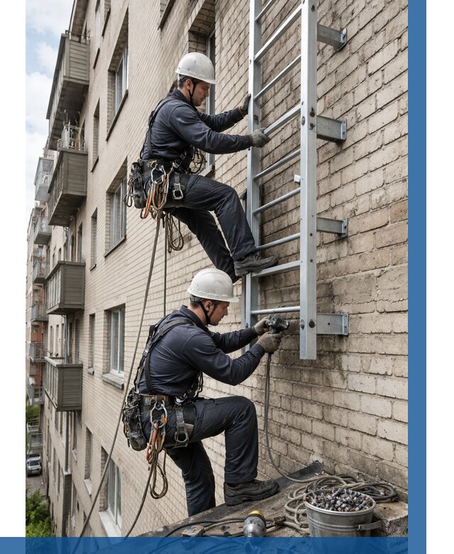 Монтаж пожарной лестницы в Симферополе от 25968 р заказать у ВЫСОТНИК-Сим