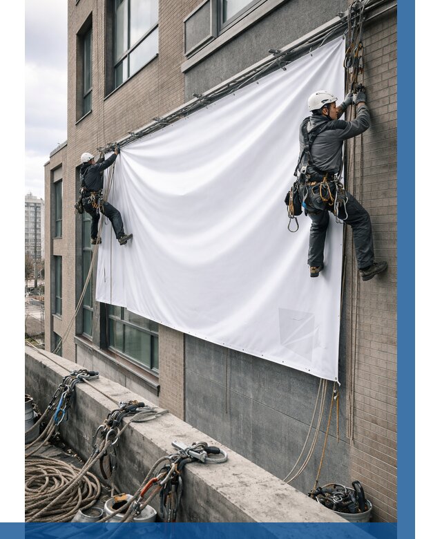 Монтаж баннеров на фасаде в Симферополе от 675 р. заказать ВЫСОТНИК-Сим