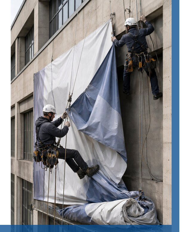 Демонтаж баннеров с фасада в Симферополе от 4674 р. | ВЫСОТНИК-Сим