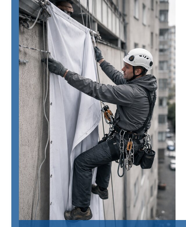 Замена баннерного полотна промышленными альпинистами в Симферополе