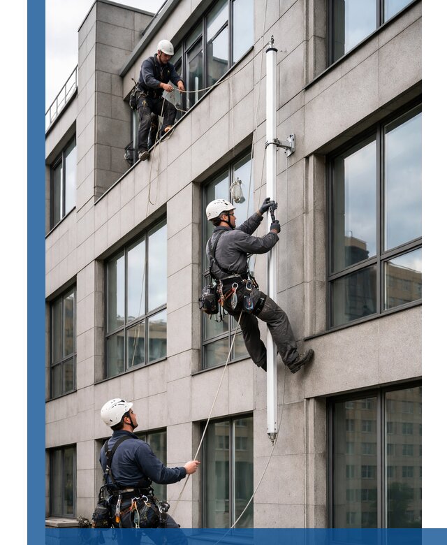 Монтаж флагштока на фасаде здания с креплением и герметикой в Симферополе