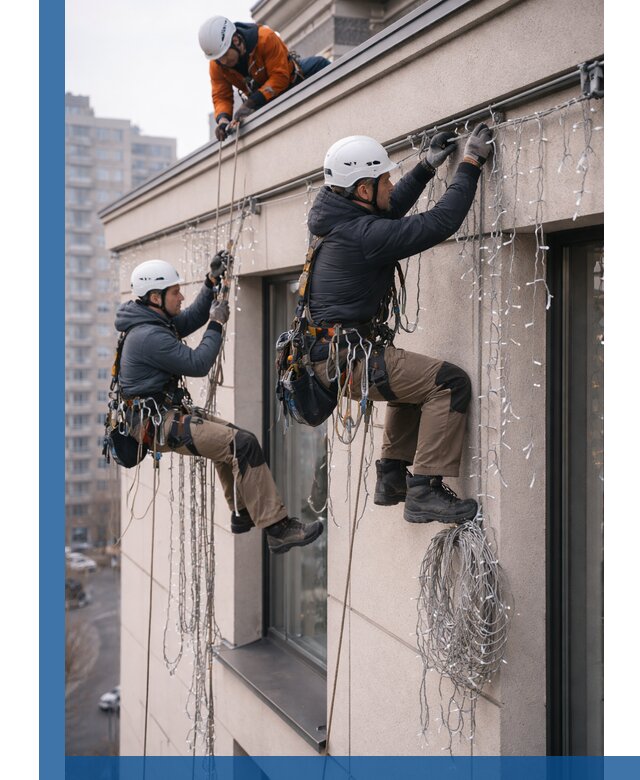 Монтаж праздничных гирлянд на фасаде в Симферополе для зданий