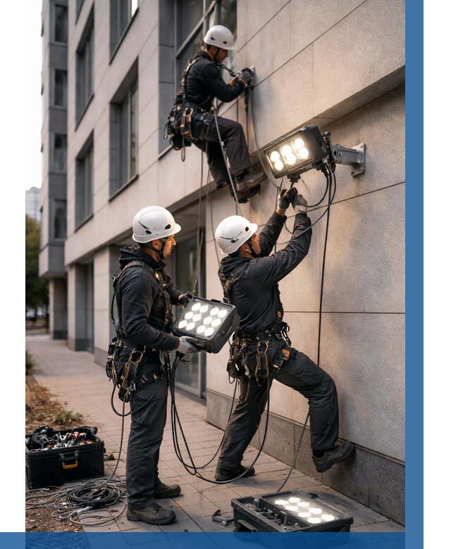 Монтаж прожекторов на фасаде в Симферополе от 7790 р. | ВЫСОТНИК-Сим