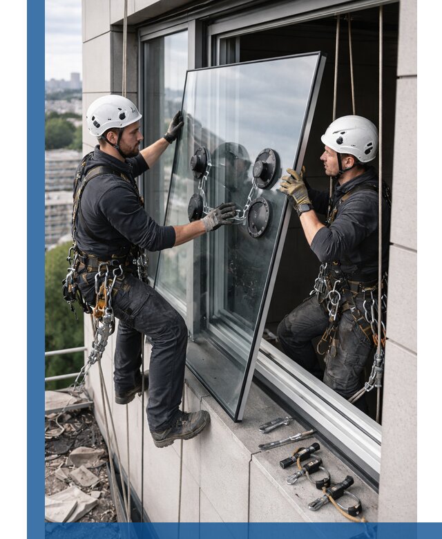 Замена стеклопакетов на высоте с промышленными альпинистами в Симферополе