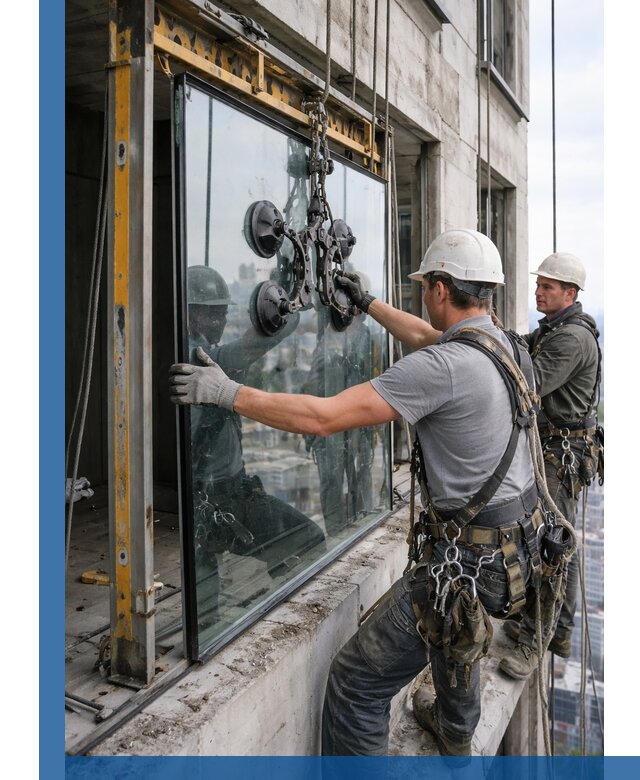 Монтаж стеклопакетов на высоте в Симферополе с промышленным альпинизмом