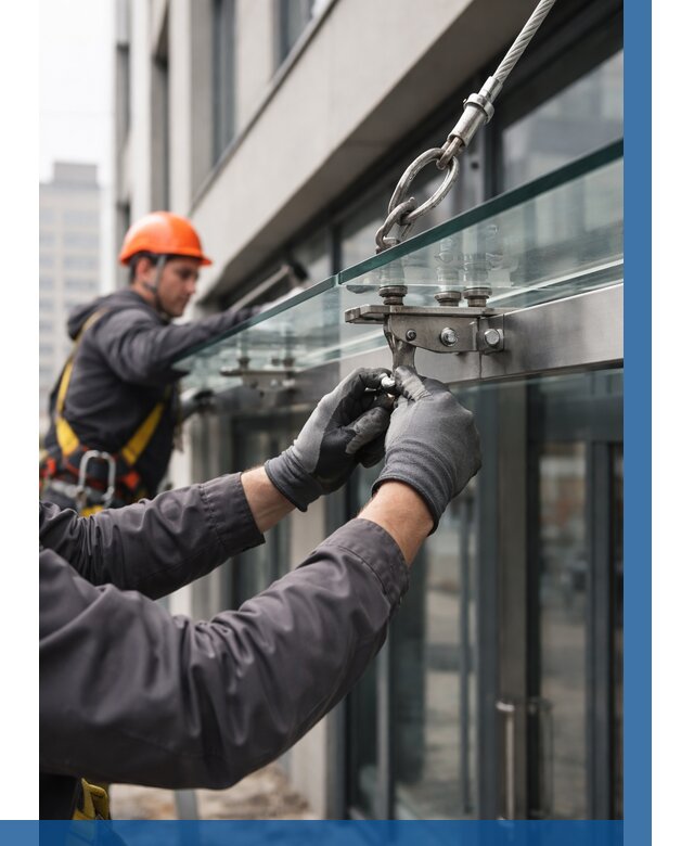 Монтаж стеклянных козырьков в Симферополе от 8829 р. | ВЫСОТНИК-Сим