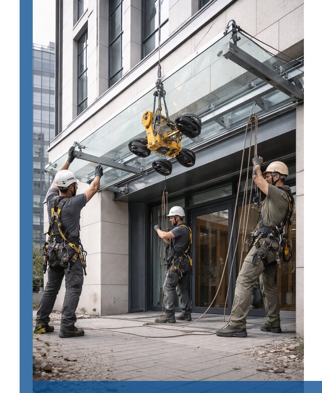 Монтаж стеклянных козырьков под ключ в Симферополе для зданий