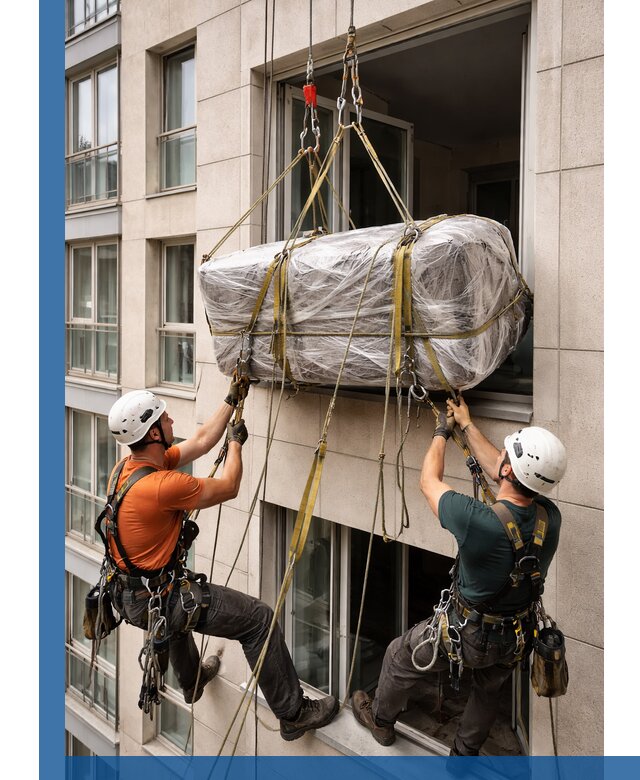 Подъем грузов через окно в Симферополе промышленными альпинистами