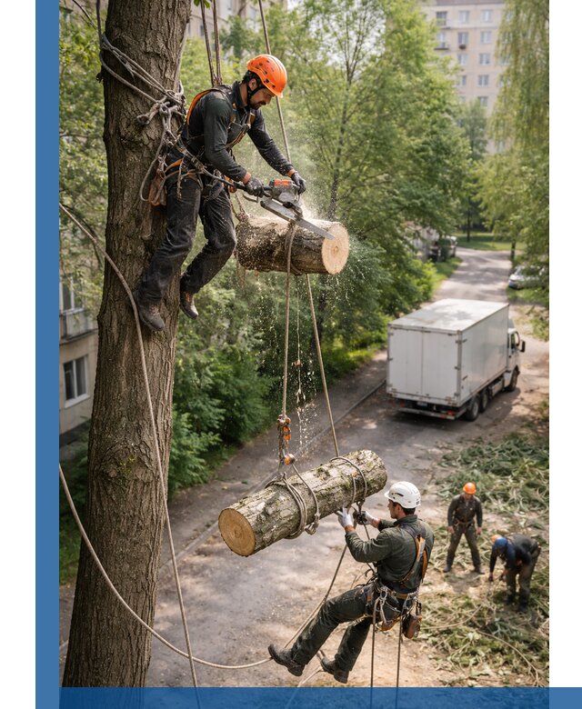 Спил деревьев альпинистами в Симферополе, безопасно и без повреждений